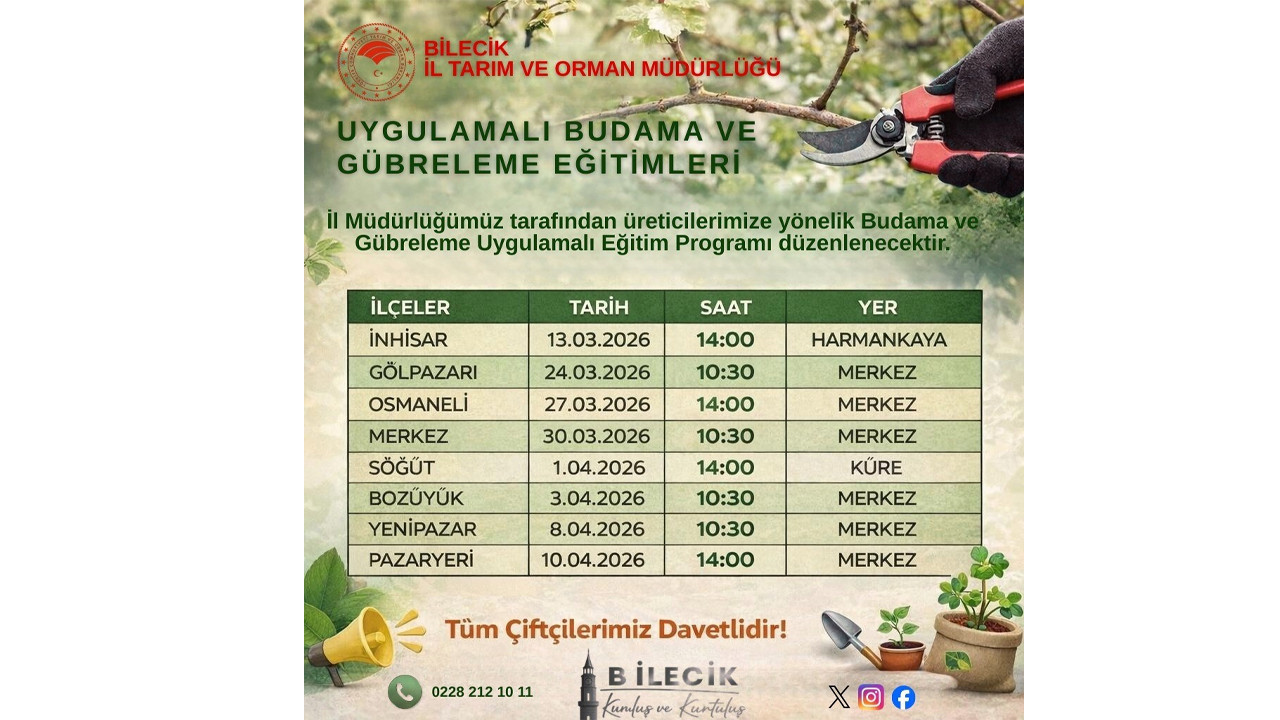 Bilecik’te Uygulamalı Budama ve Gübreleme Eğitimleri başlıyor