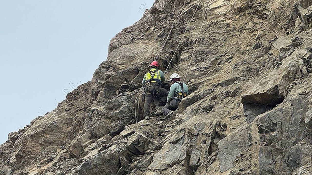 Hakkari’de tehlikeli kayalara dağcı müdahalesi