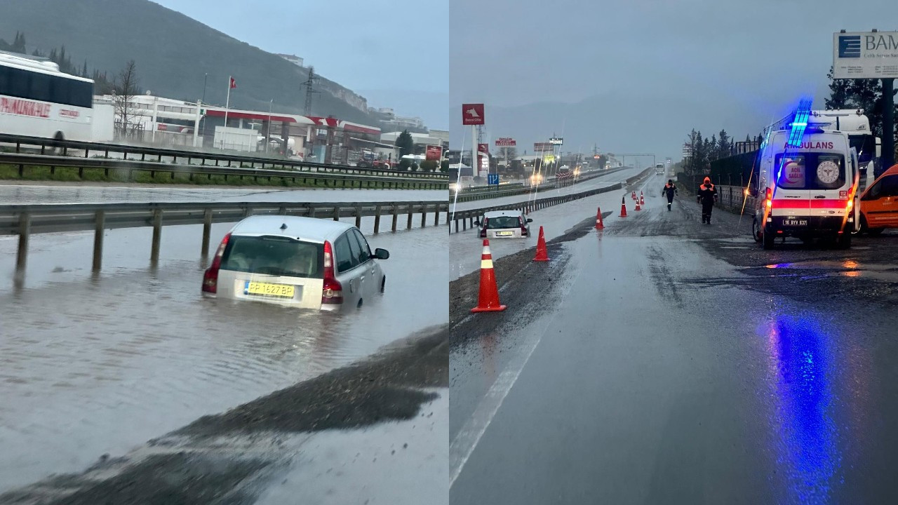 Gemlik-Orhangazi yolu göle döndü: Su birikintisine giren bir araç mahsur kaldı