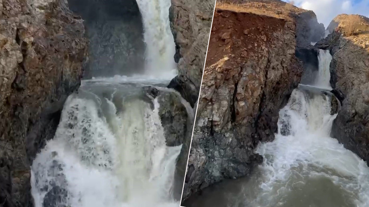 Sağanak yağış sonrası Elazığ’da şelale coştu