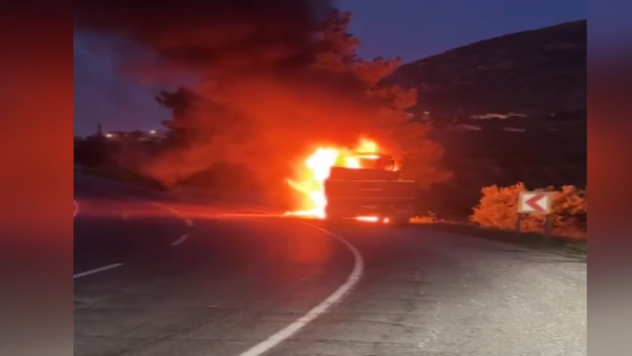 Seyir halindeki TIR alev alev yandı