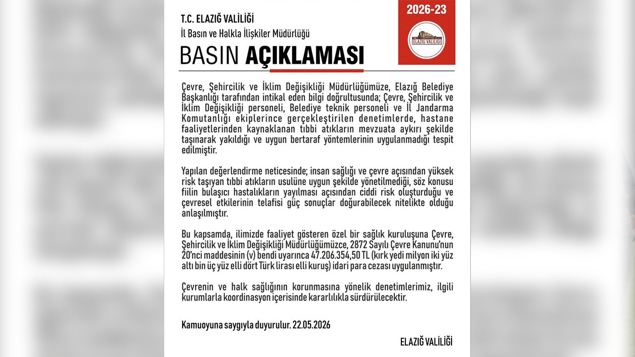 Elazığ’da özel bir hastaneye 47 milyon lira ceza kesildi