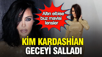 Kim Kardashian geceyi salladı: Altın elbise, buz mavisi lensler
