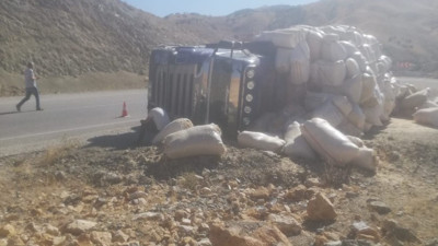Kontrolünü kaybeden saman yüklü tır yola devrildi: 1 yaralı