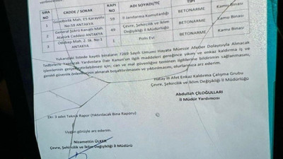 Hatay'da delil karatmanın belgesi ortaya çıktı. Yıkılan binaların evrakların bulunduğu tek katlı bina için resmi yıkım kararı çıkmıştı