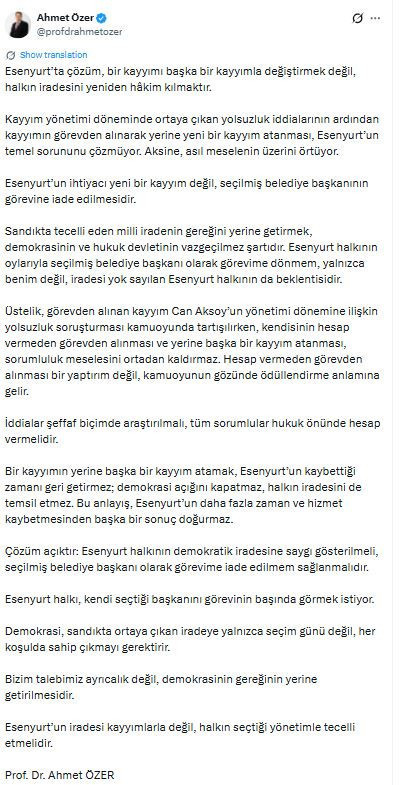 Ahmet Özer: Esenyurt'un ihtiyacı seçilmiş belediye başkanının göreve iade edilmesidir - Resim : 1