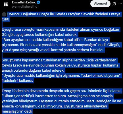 Ünlülere uyuşturucu operasyonun yankıları sürüyor: Doğukan Güngör İle Ceyda Ersoy’un ifadeleri ortaya çıktı - Resim : 1