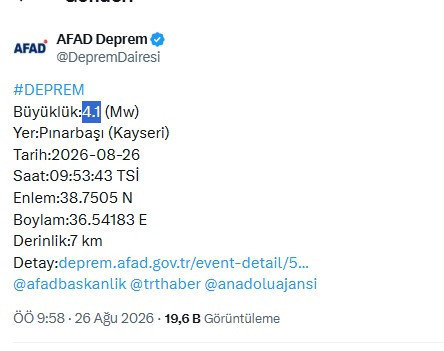 Kayseri'de 4.1 büyüklüğünde deprem (26 Ağustos) - Resim : 1
