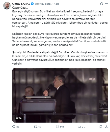 Saray'ın Danışmanından Özgür Özel'e tehdit: Hesabını verirsin - Resim : 1