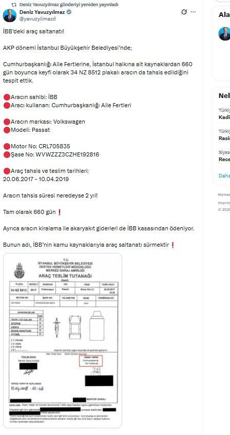 İBB’ye ait aracı Cumhurbaşkanlığı aile fertleri kullandı iddiası: Deniz Yavuzyılmaz paylaştı - Resim : 1