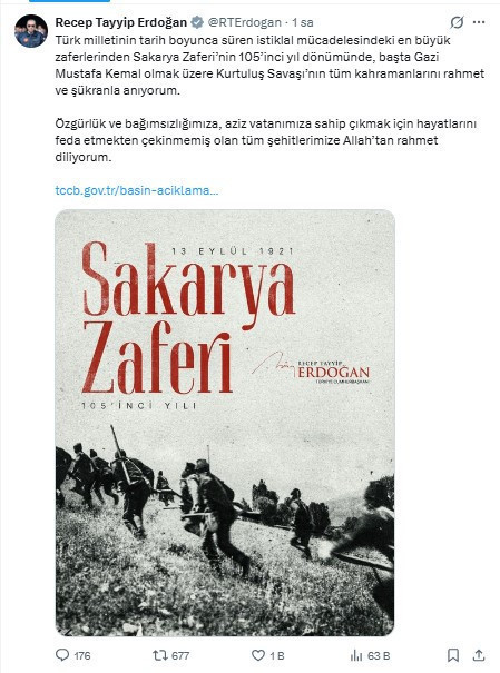 Erdoğan'dan Sakarya Zaferi'nin 105. yıl dönümü mesajı - Resim : 1
