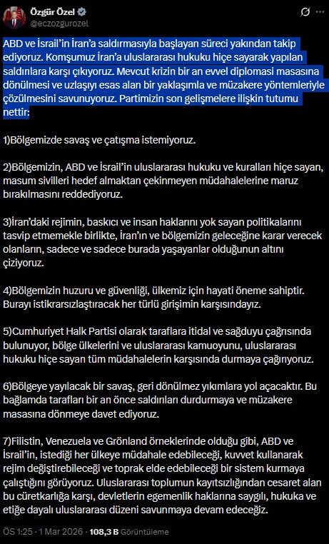 Özgür Özel'den ABD'ye İran tepkisi: Bölgemizde savaş istemiyoruz - Resim : 1