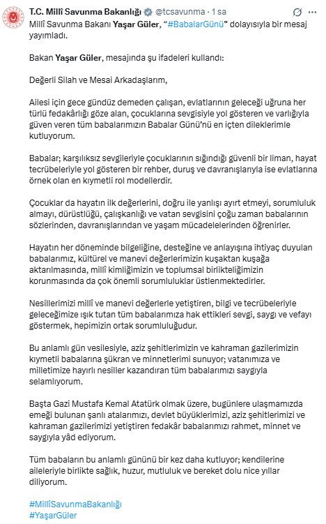Milli Savunma Bakanı Güler'den 