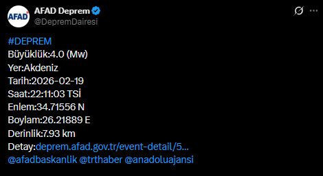 Akdeniz'de deprem (19.02.2026) - Resim : 1