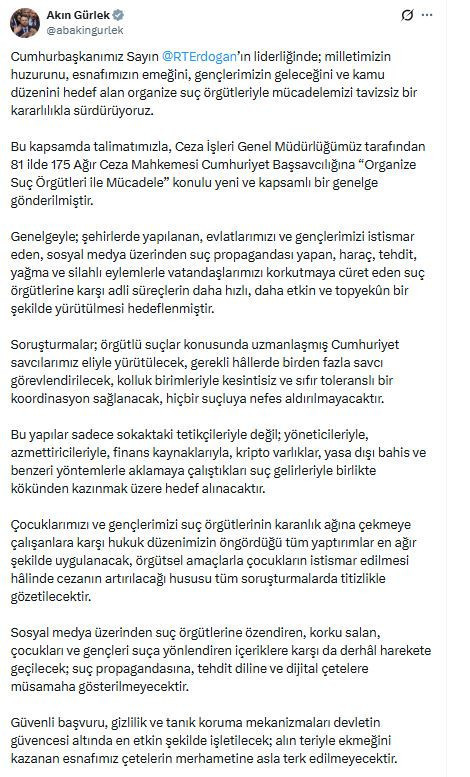 Akın Gürlek duyurdu: 81 İle genelge gönderildi - Resim : 1