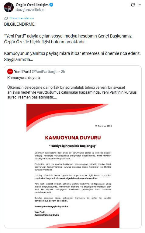 Özgür Özel cephesinden 'Yeni Parti' açıklaması: Hiçbir ilgisi bulunmamaktır - Resim : 1
