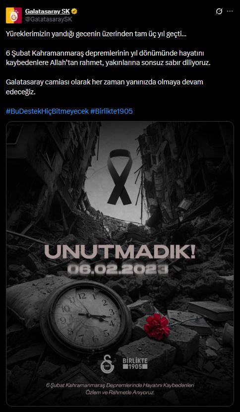 6 Şubat depremlerinin üzerinden 3 yıl geçti: Spor dünyasından anma mesajları - Resim : 2