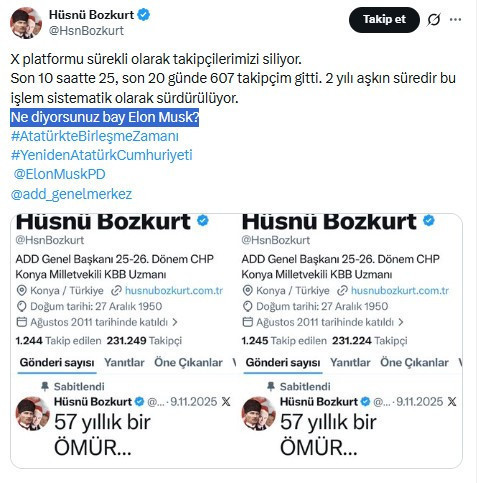 Hüsnü Bozkurt, Elon Musk'a seslendi: Son 20 günde 607 takipçim gitti - Resim : 3