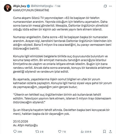 Avukat Afşin Hatipoğlu canlı yayında tehdit edildiğini açıkladı: 5 milyon lira istediler - Resim : 1
