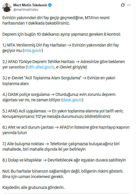 Yazılım geliştirici Mert Metin Tekdemir, olası depreme karşı 8 önemli kontrolü paylaştı - Resim : 1