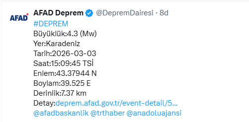 Karadeniz'de 4.3 büyüklüğünde deprem - Resim : 1
