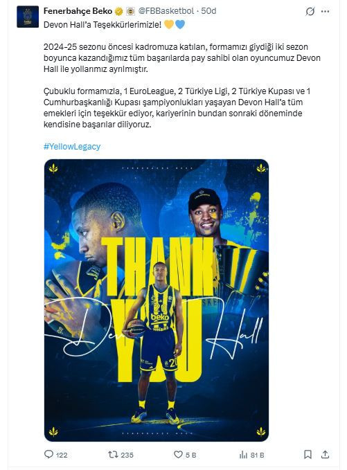Fenerbahçe Beko Devon Hall ile yollarını ayırdı - Resim : 1