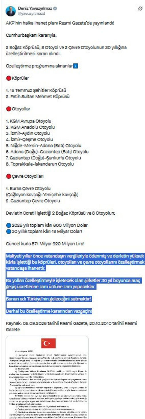 Otoyol ve köprüler 30 yıllığına özelleştirildi: 'Geleceğimiz satıldı' - Resim : 2