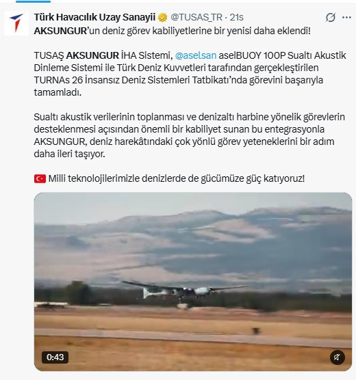 TUSAŞ’ın geliştirdiği AKSUNGUR dinleme sistemlerini hava aracından denize bıraktı - Resim : 3