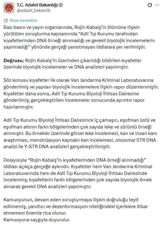 Adalet Bakanlığı Rojin Kabaiş soruşturmasındaki DNA incelemesi iddialarını yalanladı - Resim : 1