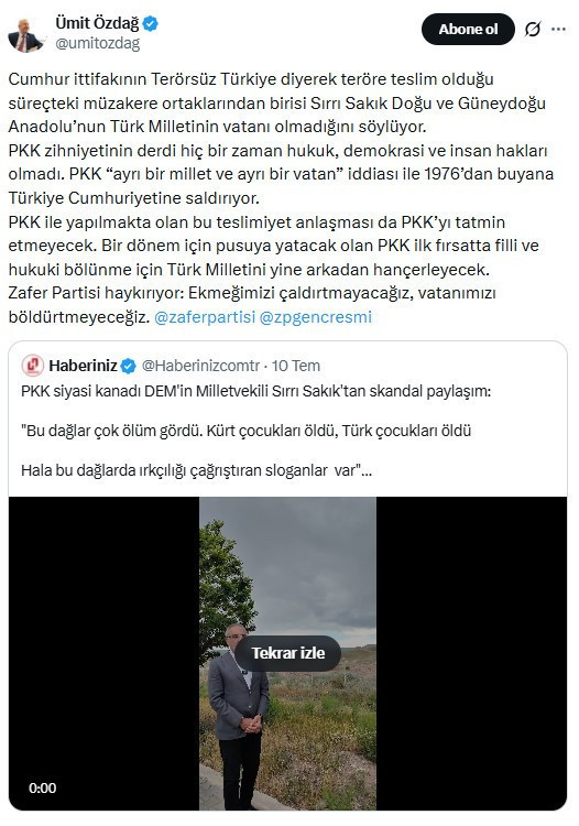 Ümit Özdağ, Sırrı Sakık'ın videosuna sert çıktı: PKK ilk fırsatta Türk Milletini yine hançerleyecek - Resim : 1
