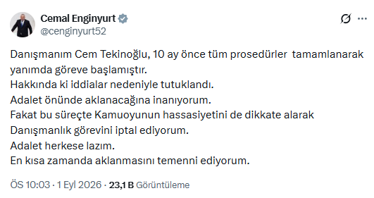 Cemal Enginyurt tutuklanan danışmanının görevine son verdi: Aklanması lazım - Resim : 1