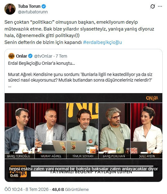 Aykut Erdoğdu'nun eşi Tuba Torun'dan Erdal Beşikçioğlu'na: Senin de defterin kapandı - Resim : 1