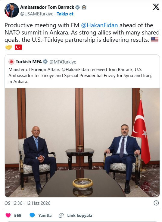 Dışişleri Bakanı Fidan, ABD'nin Ankara Büyükelçisi Barrack'ı kabul etti - Resim : 1