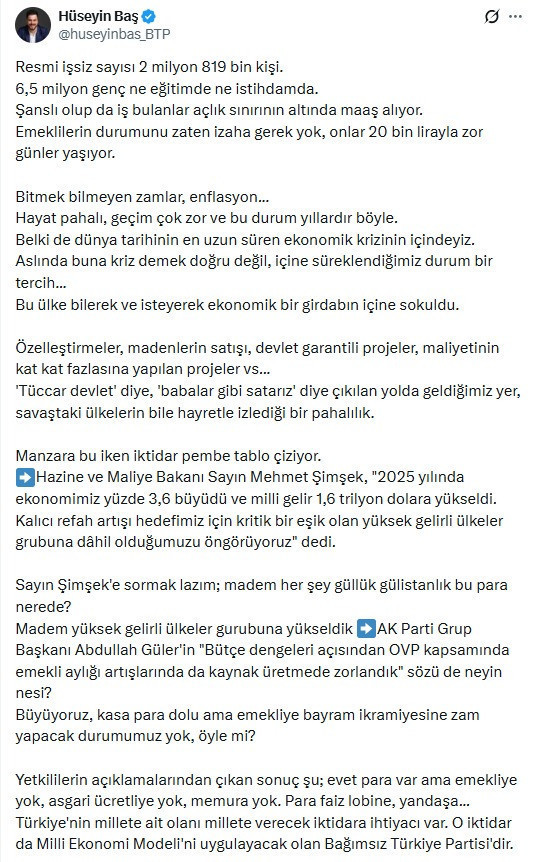 BTP lideri Hüseyin Baş Mehmet Şimşek'e sordu: Madem her şey güllük gülistanlık bu para nerede? - Resim : 2