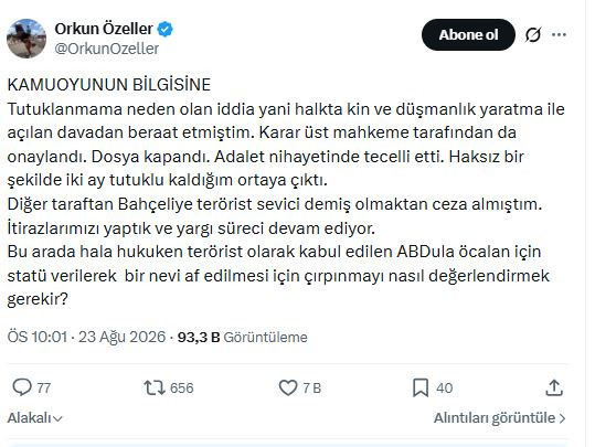 Bahçeli paylaşımı sebebiyle tutuklanan Orkun Özeller hakkında karar - Resim : 1