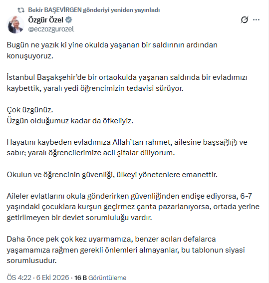 Özgür Özel'den okul saldırılarına tepki: Yerine getirilmeyen bir devlet sorumluluğu var - Resim : 1