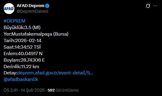 Bursa'da korkutan deprem (14 Şubat 2026) - Resim : 1