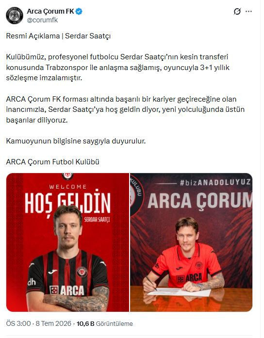 Serdar Saatçı'nın yeni adresi Arca Çorum FK oldu - Resim : 1