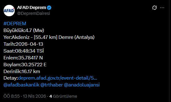 Antalya'da 4,7 büyüklüğünde deprem - Resim : 1