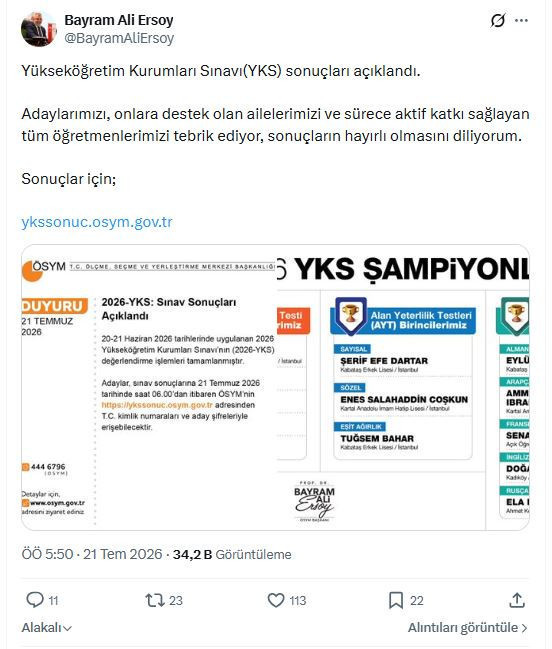 ÖSYM 2026 YKS sonuçlarını açıkladı - Resim : 1