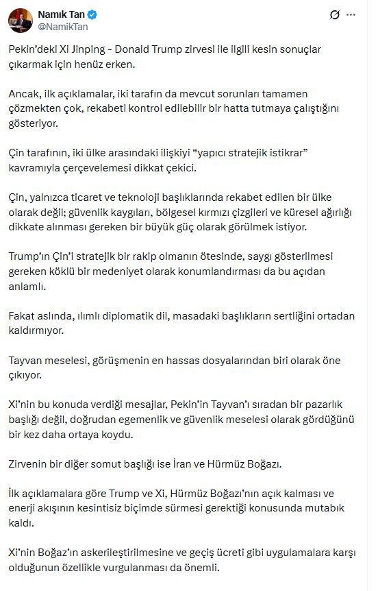 B&uuml;y&uuml;kel&ccedil;i Namık Tan: &Ccedil;in'in ABD'nin &ccedil;izgisine yaklaşması m&uuml;mk&uuml;n değil - Resim : 1