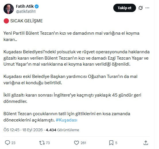 Kuşadası soruşturmasında yeni gelişme: Tezcan'ın kızı ve damadının mal varlıklarına el konuldu - Resim : 1
