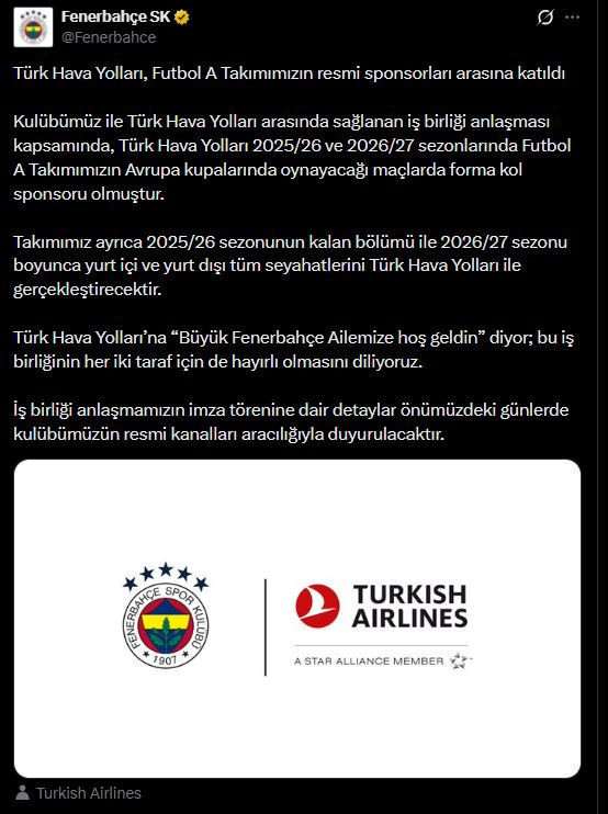 THY, Fenerbahçe'ye sponsor oldu - Resim : 1