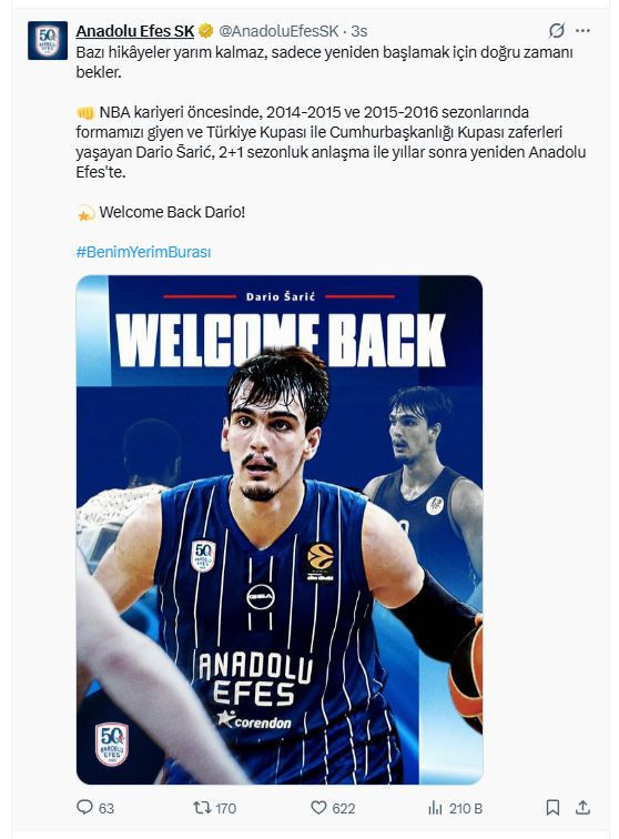 Dario Saric yeniden Anadolu Efes'te - Resim : 1