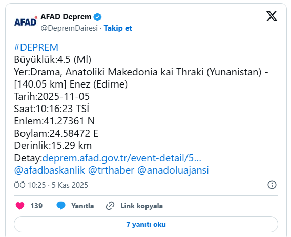 Edirne-Yunanistan sınırında 4.5 büyüklüğünde deprem! - Resim : 1