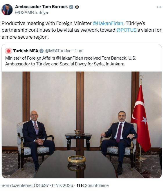 Hakan Fidan ABD'nin Ankara Büyükelçisi Barrack'ı kabul etti - Resim : 1