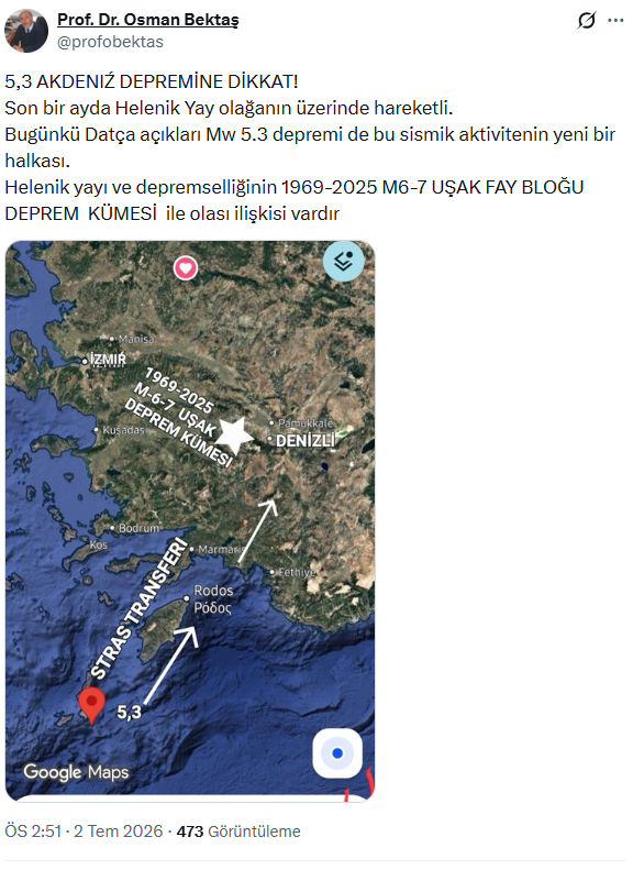 Muğla açıklarındaki deprem: Prof. Dr. Osman Bektaş'tan kritik açıklama - Resim : 1