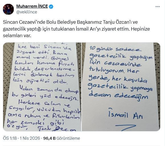 Tanju Özcan'dan mesaj: Vücudum hapiste ama ruhum ve fikirlerim her zamanki gibi özgür - Resim : 1