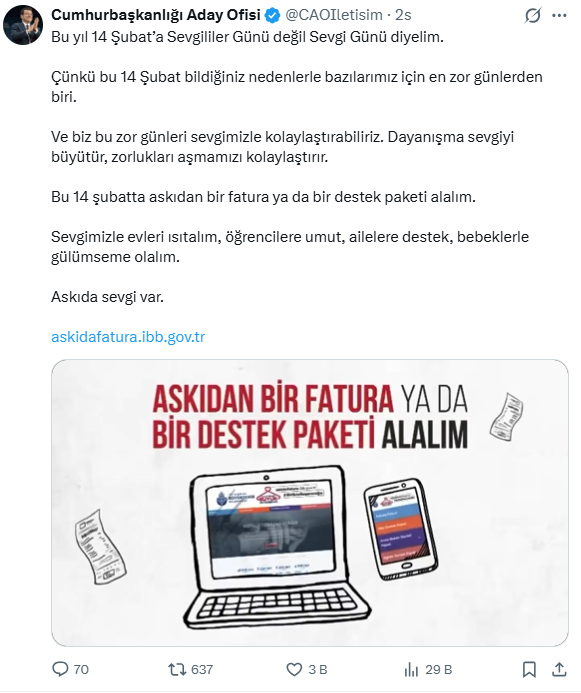 İmamoğlu’ndan 14 Şubat için Askıda Fatura ödeme çağrısı - Resim : 1