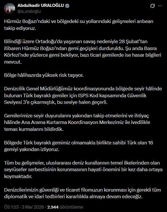 Ulaştırma Bakanı’ndan Hürmüz Boğazı’ndaki Türk gemileri için kritik açıklama - Resim : 1